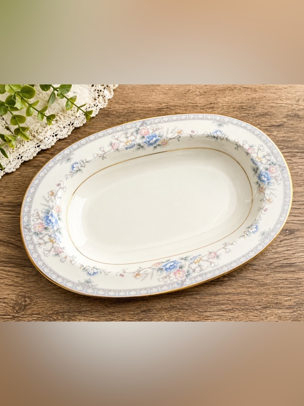 Noritake Bone China Serving Bowl Blue Floral Gold Trim Japan 10” Oval